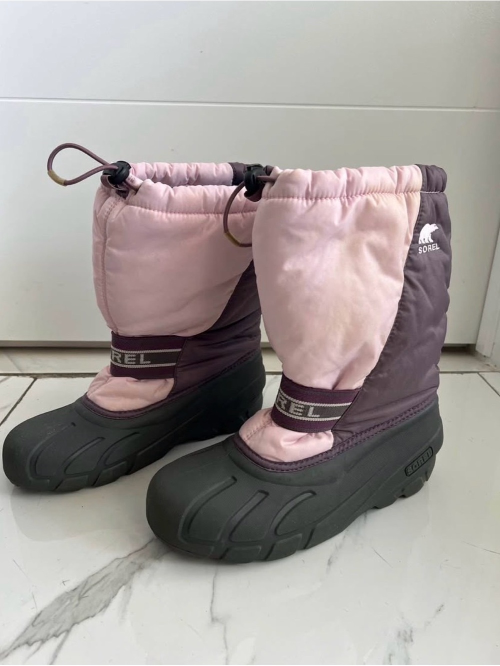 Sorel Pink and Purple Kids Snow Boots with Black Soles